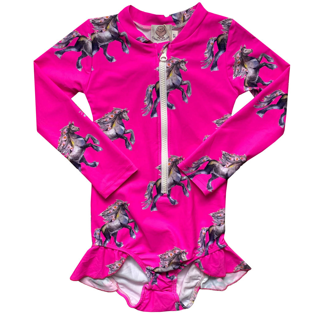 Fluro Horses Girls Long Sleeve Zip Swimmers Front Product