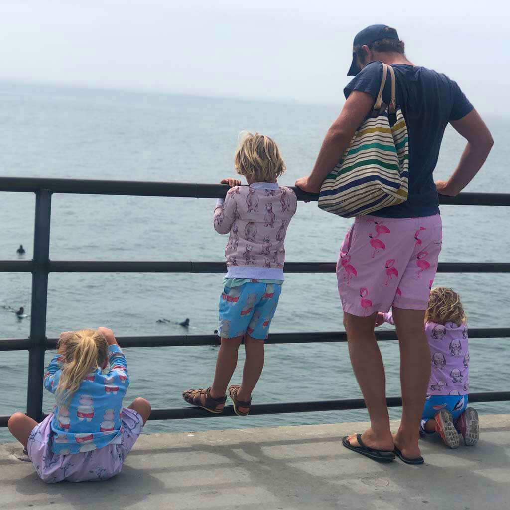 Man Wearing Flamingo Men's Boardshorts While Standing Looking At Ocean