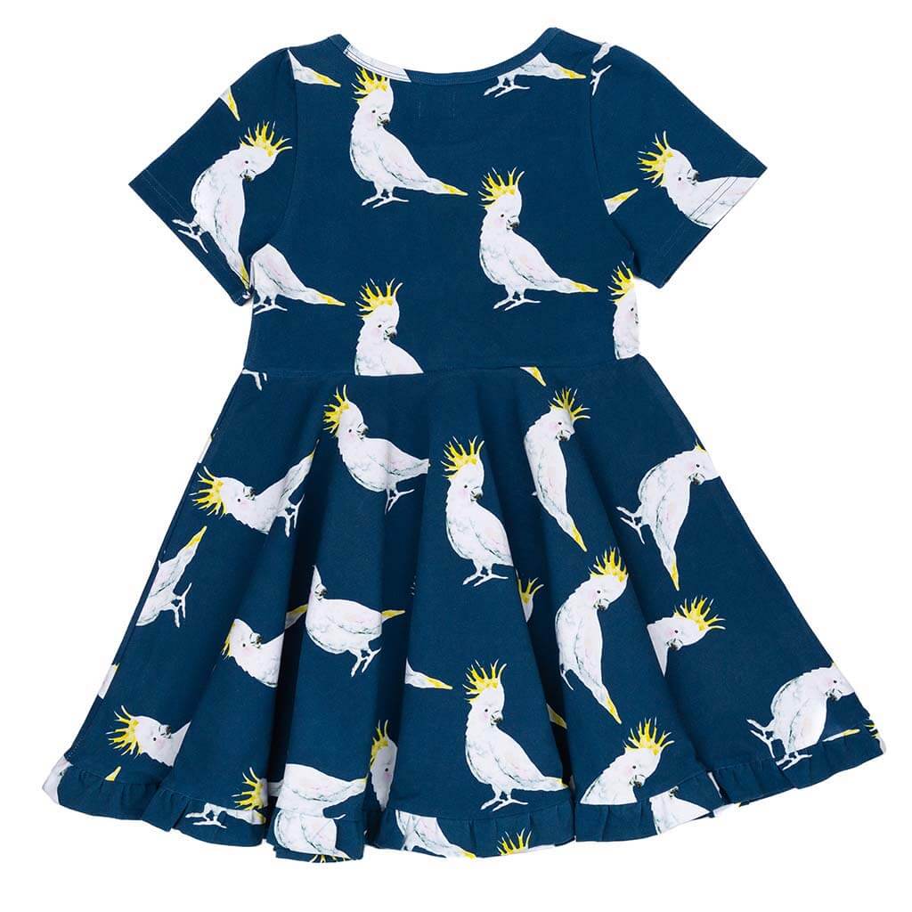 Navy Cockatoo Short Sleeve Twirl Dress Back Product