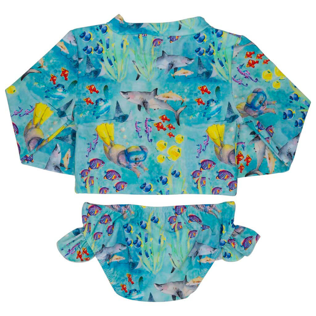 Great Barrier Reef Girls Long Sleeve Two Piece Zip Swimmers Back Product.