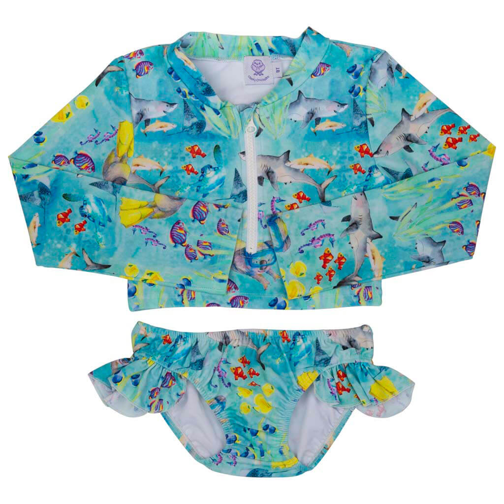 Great Barrier Reef Girls Long Sleeve Two Piece Zip Swimmers Front Product.