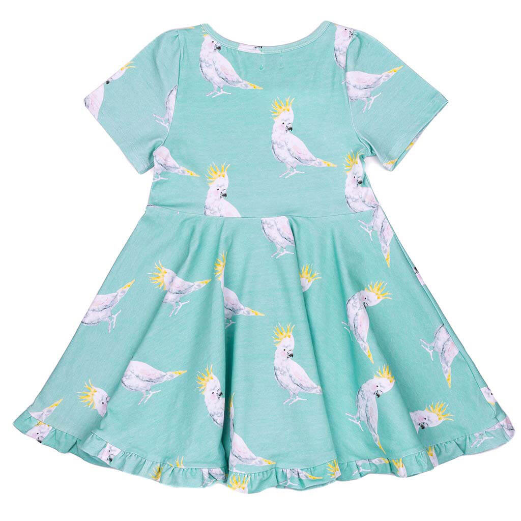 Green Cockatoo Girls Short Sleeved Twirl Dress Back Product