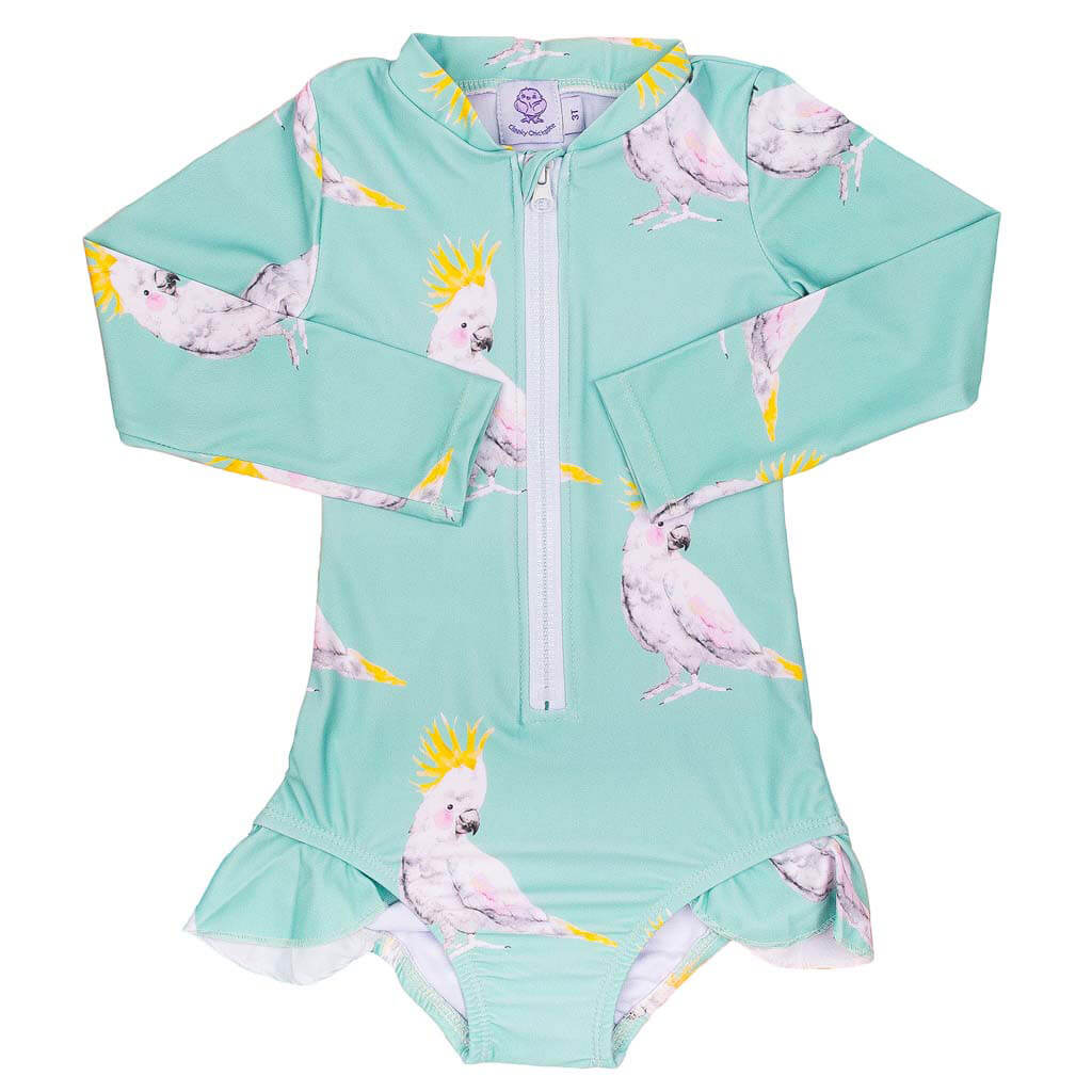 Green Cockatoo Long Sleeve Girls Zip Swimmers Front Product