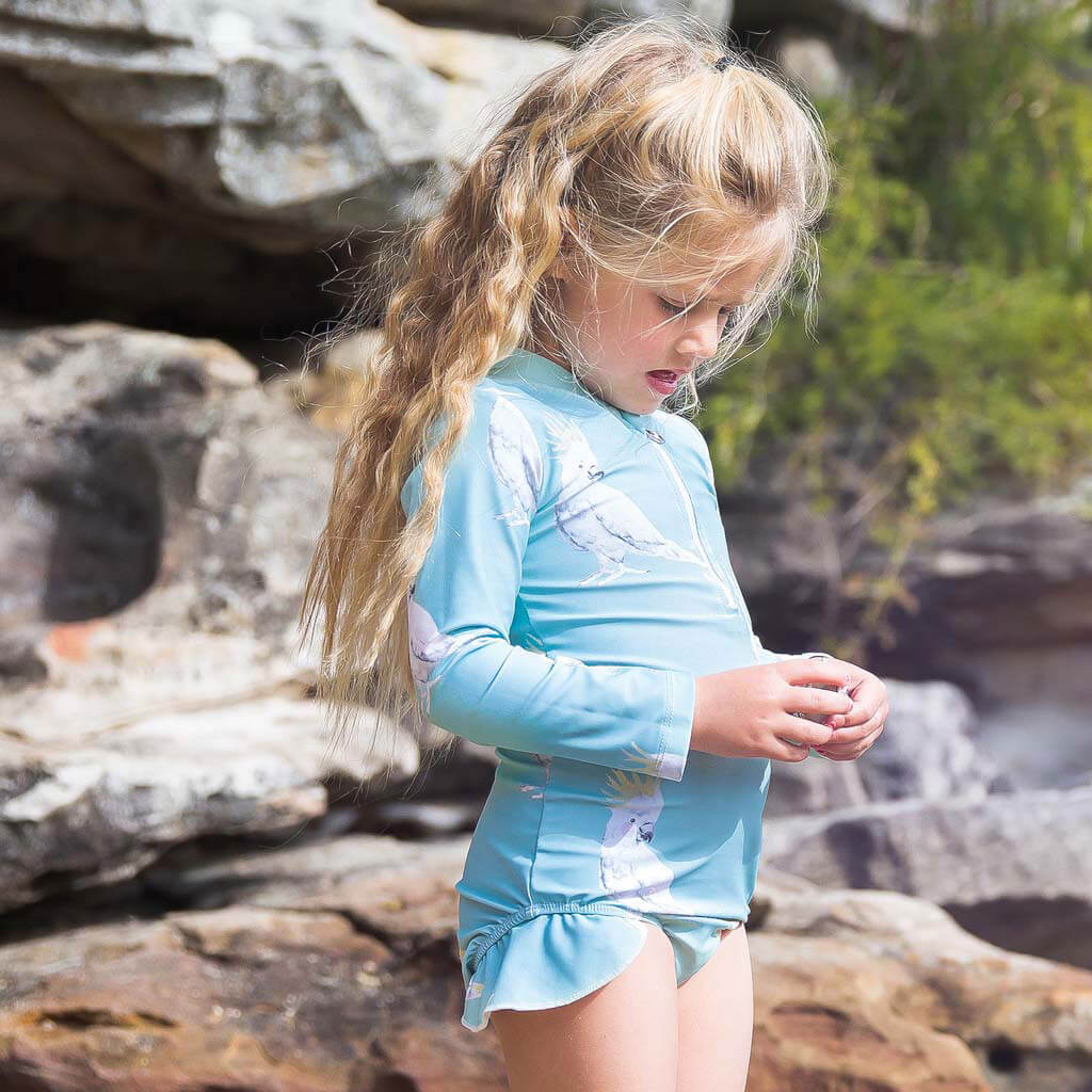 Green Girl Wearing Cockatoo Long Sleeve Girls Zip Swimmers