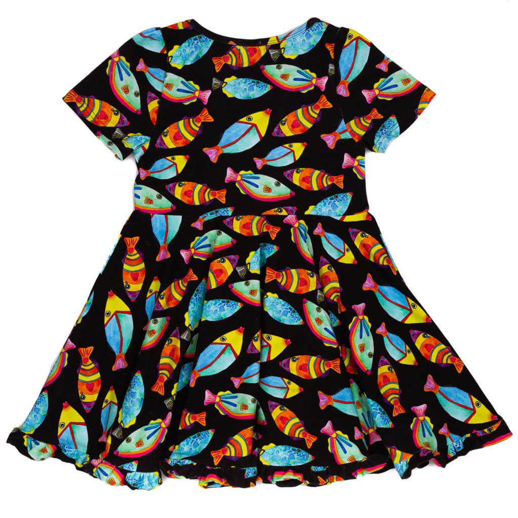 Neon Fish Short Sleeve Twirl Dress Back Product
