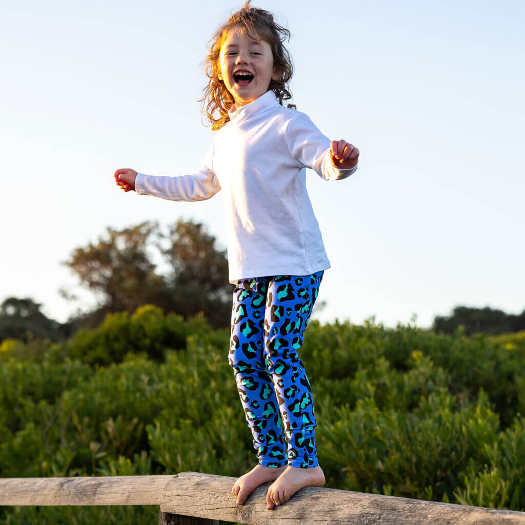 Girl Wearing Azure Blue Leopard Kids' Leggings