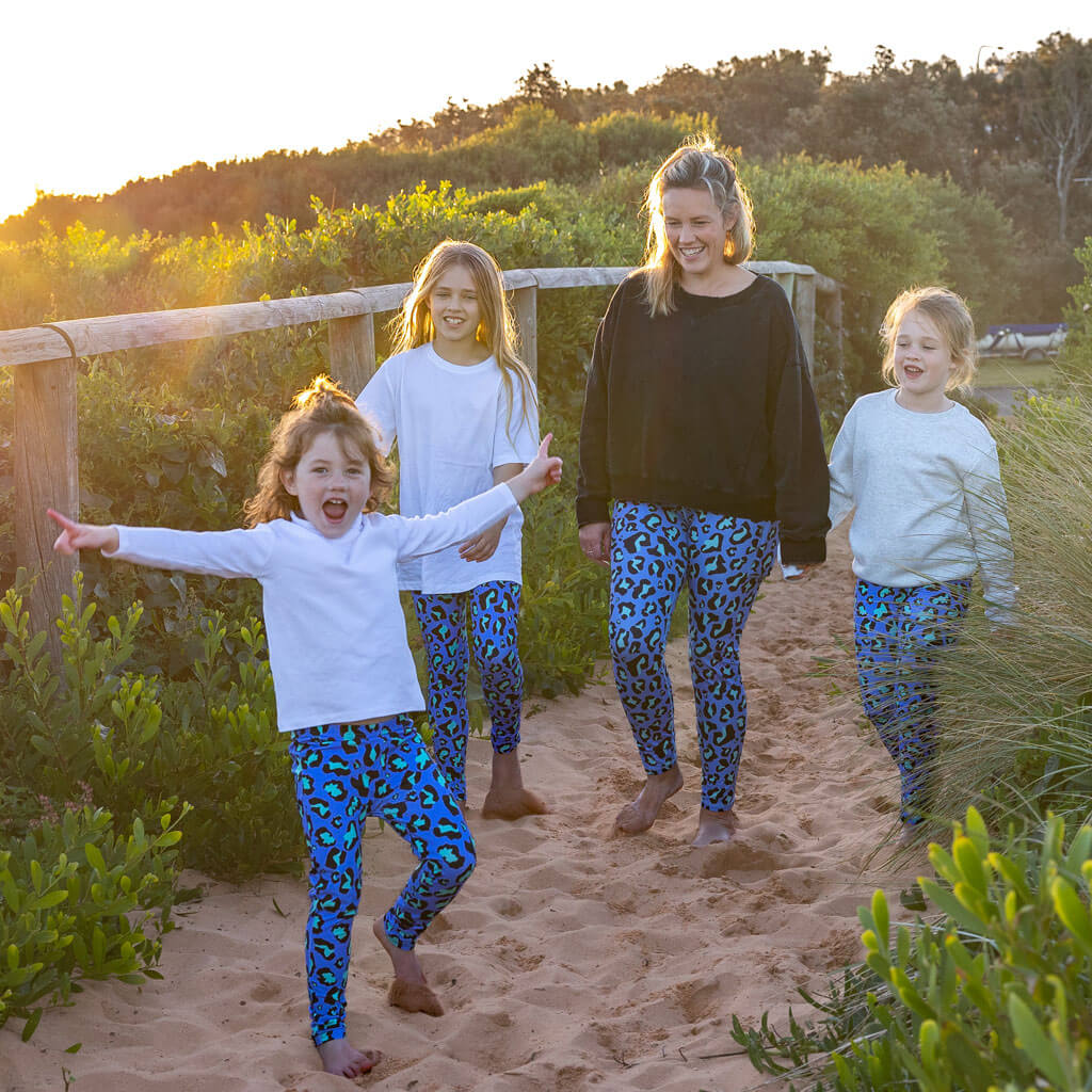 Girls Matching Wearing Azure Blue Leopard Kids' Leggings