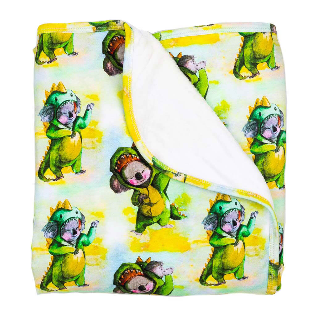 Dinosaur Koala Blanket Folded With Fleece Showing