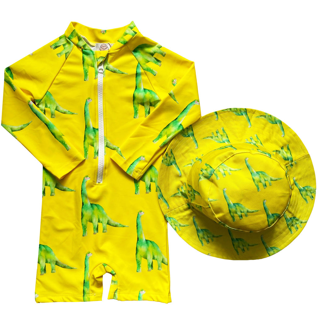 Fluro Dinosaurs Unisex Long Sleeve Zip Swimmers with Matching Hat