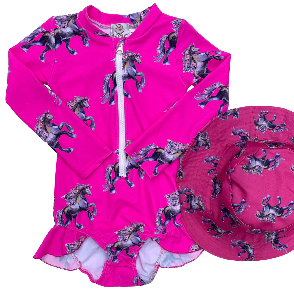 Fluro Horses Girls Long Sleeve Zip Swimmers with Matching Hat