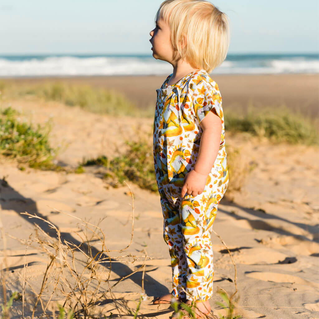 Little Boy on Beach Wearing Maple Fox Long Leg Overalls