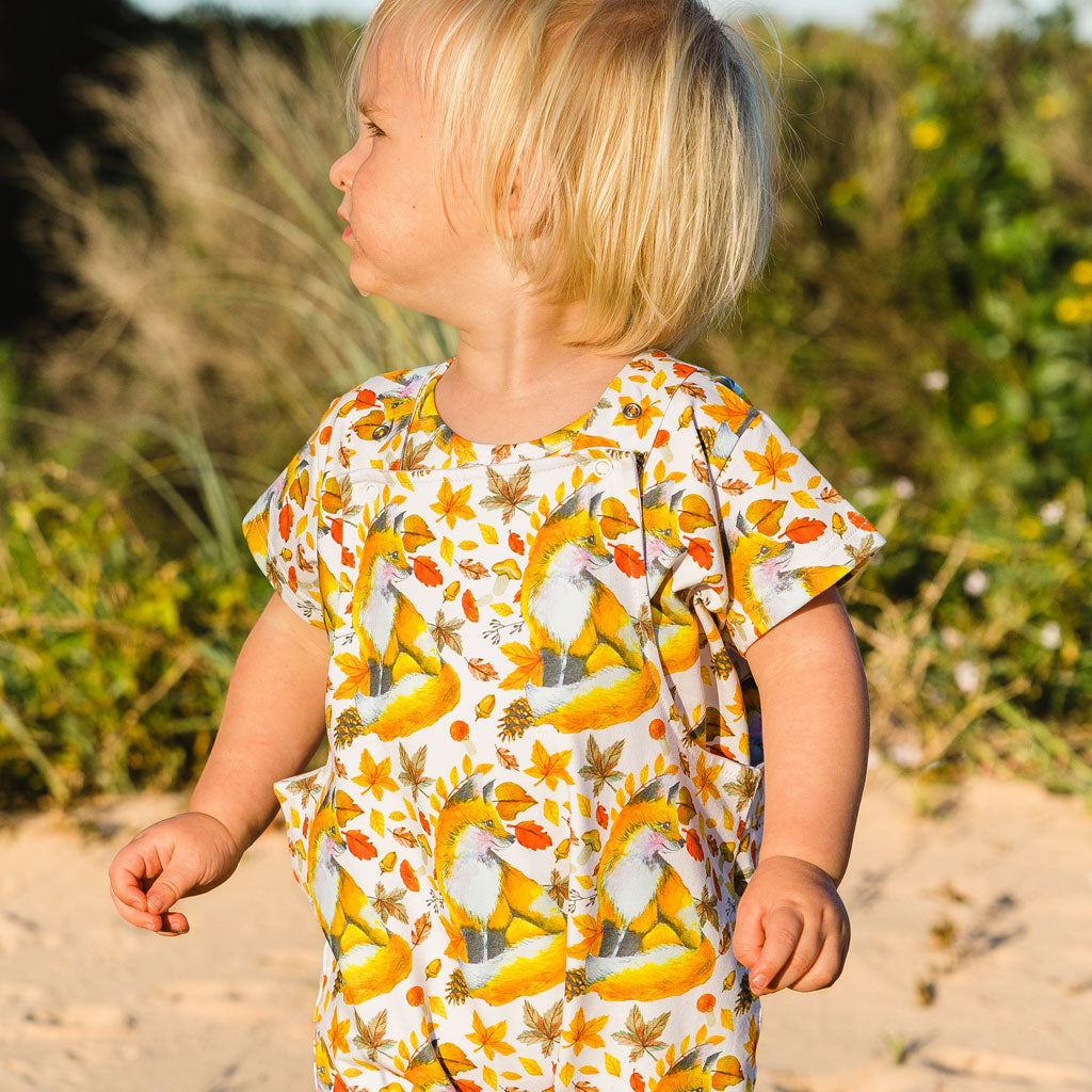 Little Boy Wearing Maple Fox Short Sleeve Tee With Matching Overalls
