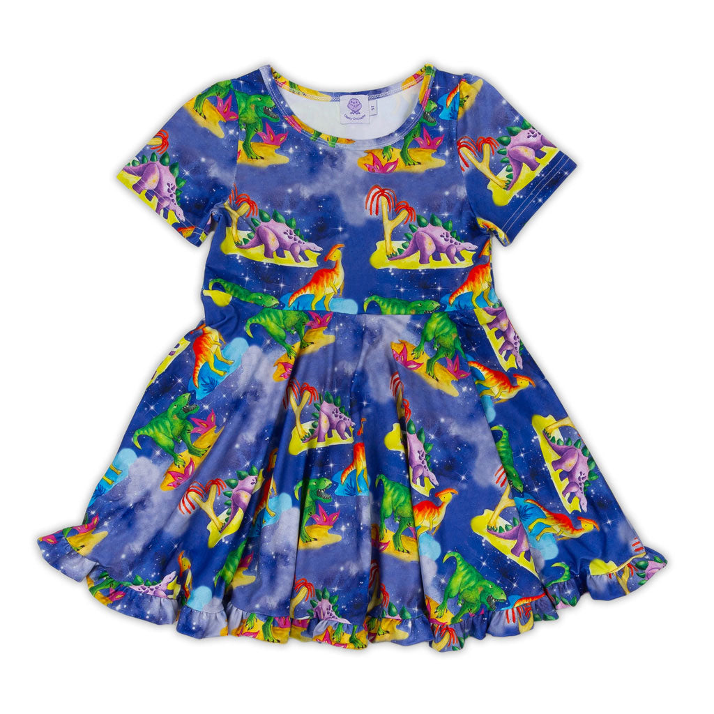 Space Dinosaurs Short Sleeve Twirl Dress