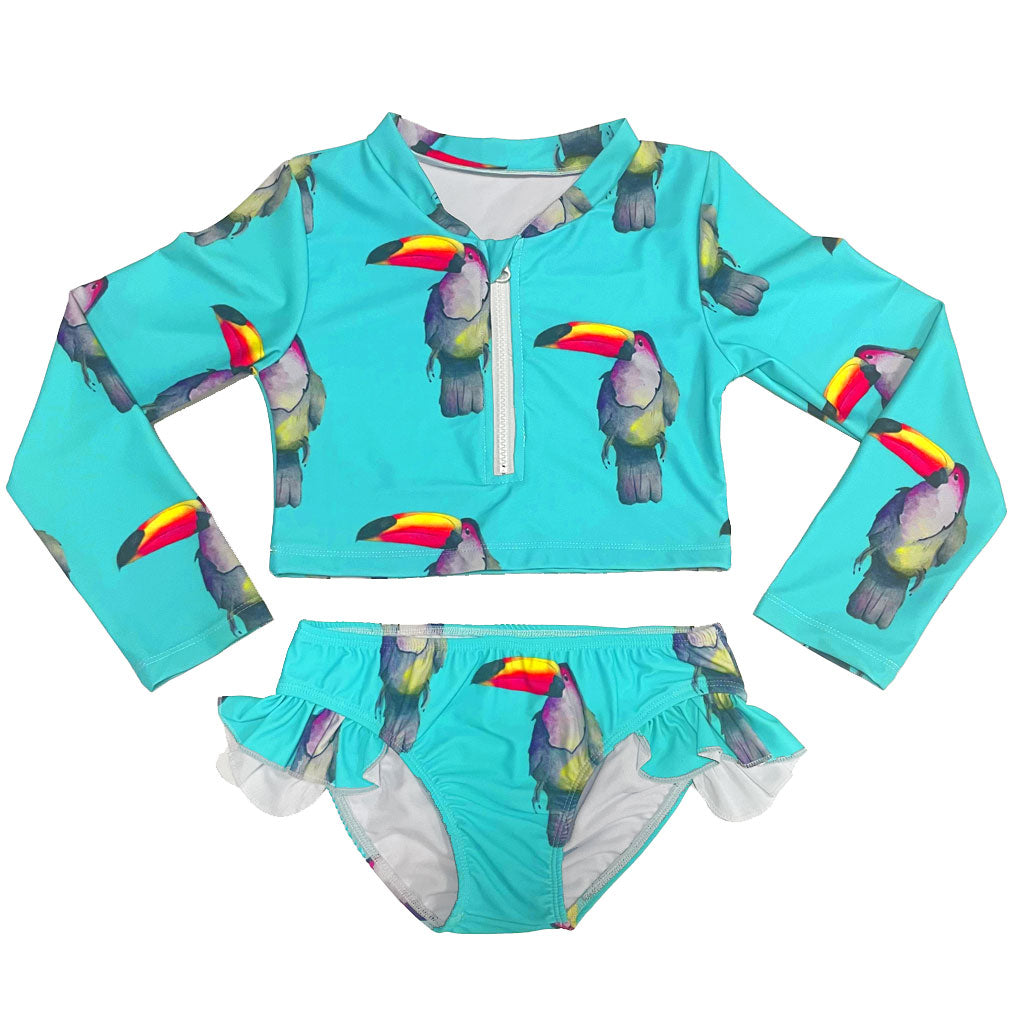 Toucan Girls Long Sleeve Two Piece Zip Swimmers Front Product