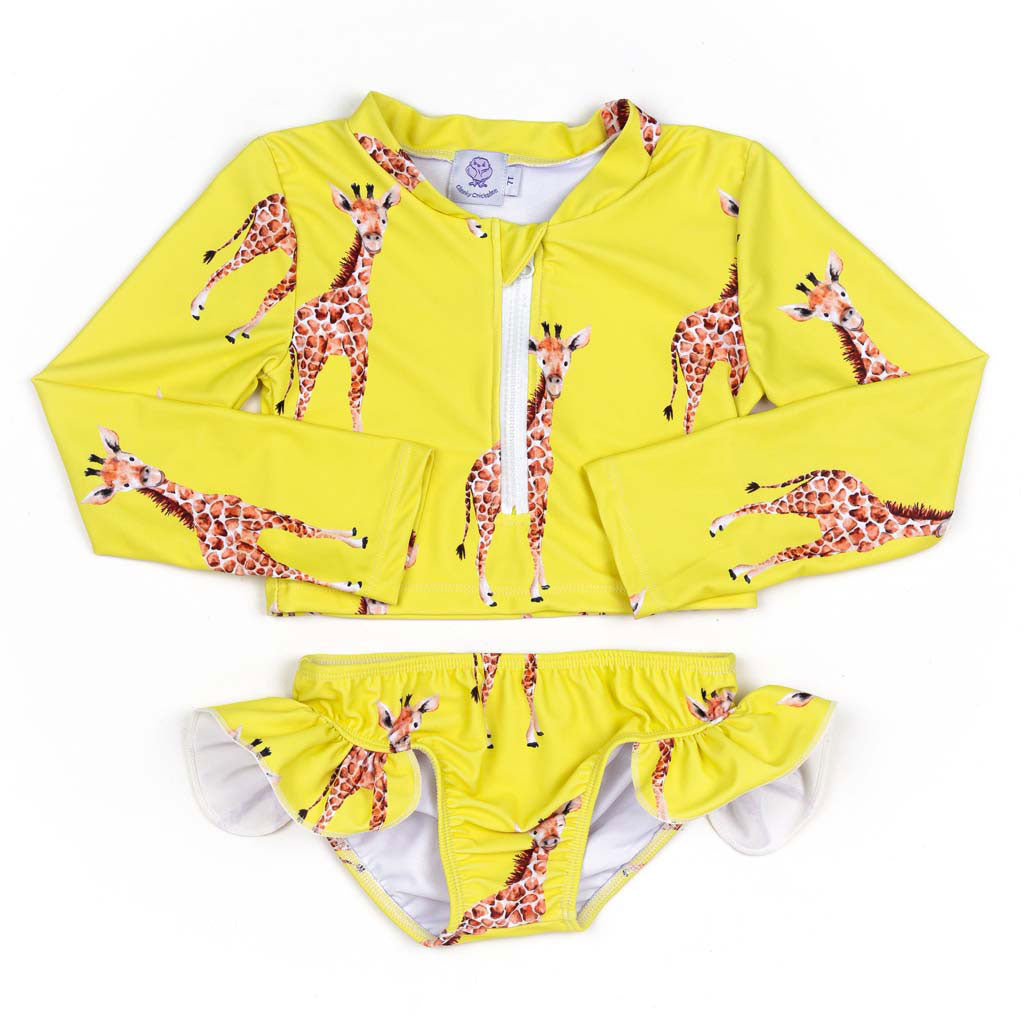 Yellow Giraffe Girls Long Sleeve Two Piece Zip Swimmers