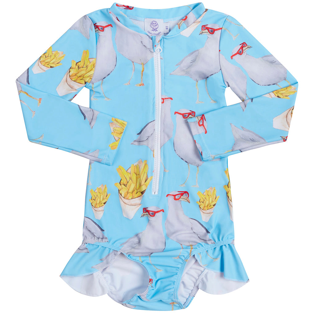 Seagulls and Chips Girls Long Sleeve Zip Swimmers