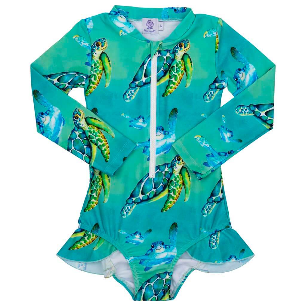 Blue Turtle Girls Long Sleeve Zip Swimmers Front Product