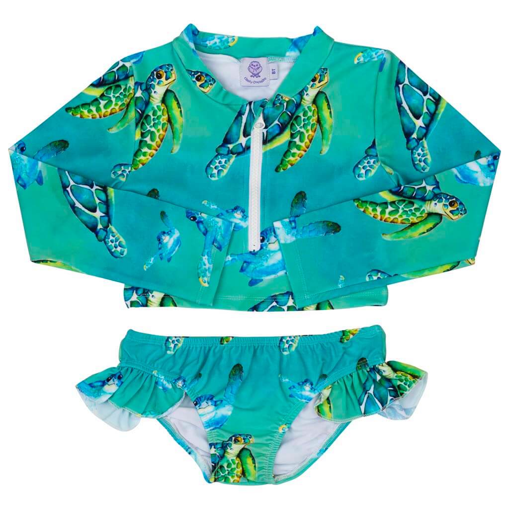 Blue Turtle Girls Long Sleeve Two Piece Zip Swimmers Front Product