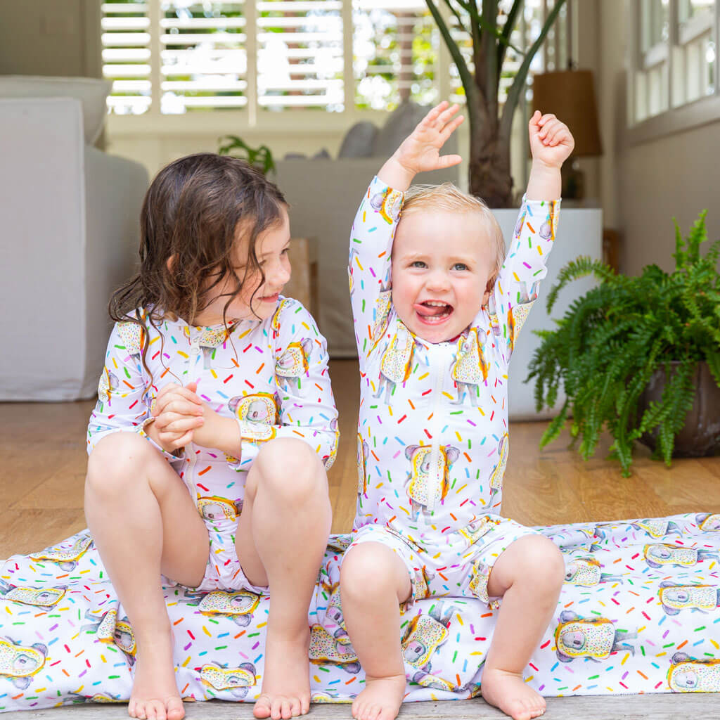Cheeky Toddler Wearing Fairy Bread Koala Unisex Long Sleeve Zip Swimmers