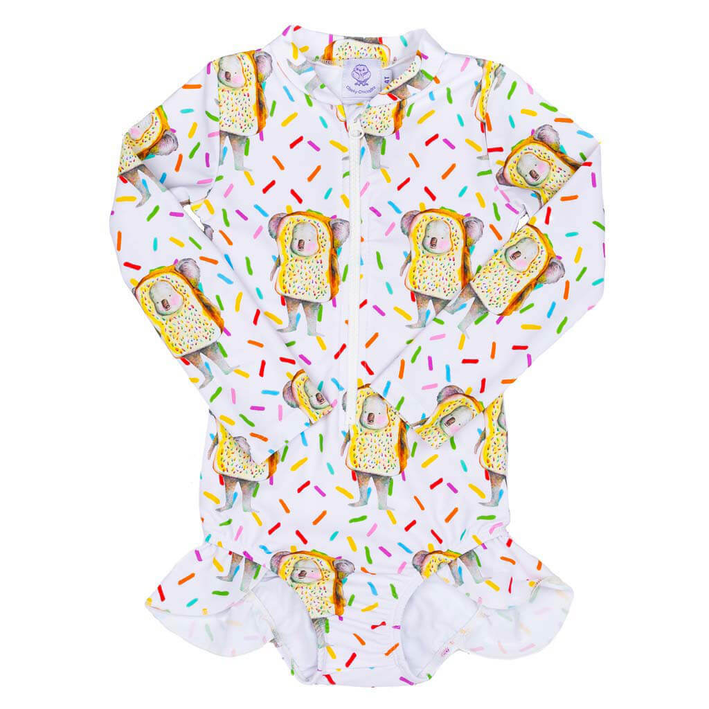 Fairy Bread Koala Girls Long Sleeve Zip Swimmers Front Product