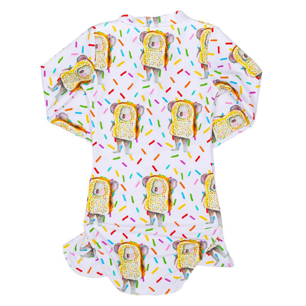 Fairy Bread Koala Girls Long Sleeve Zip Swimmers Back Product