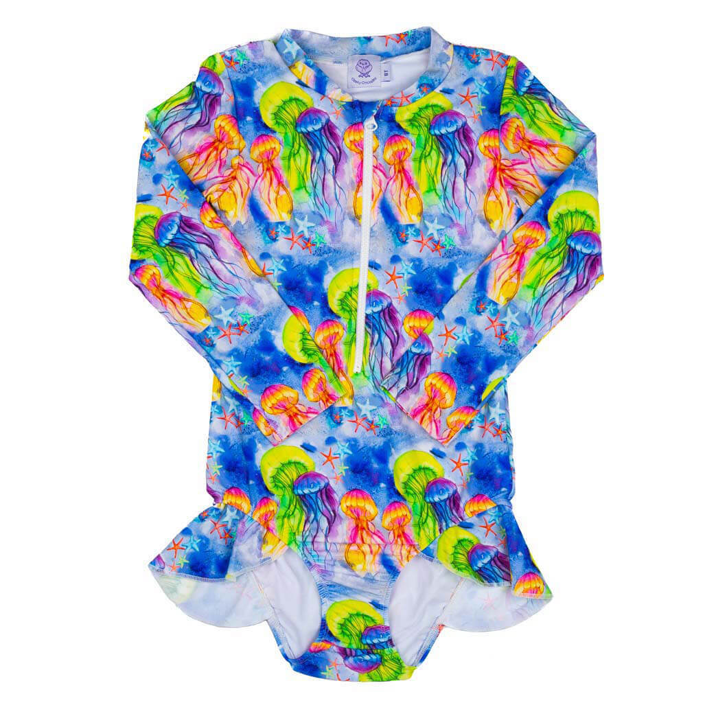 Fluro Jellyfish Girls Long Sleeve Zip Swimmers Front Product