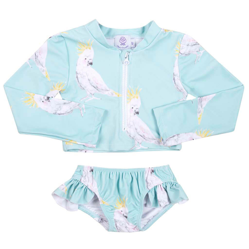 Green Cockatoo Girls Long Sleeve Two Piece Zip Swimmers Front Product