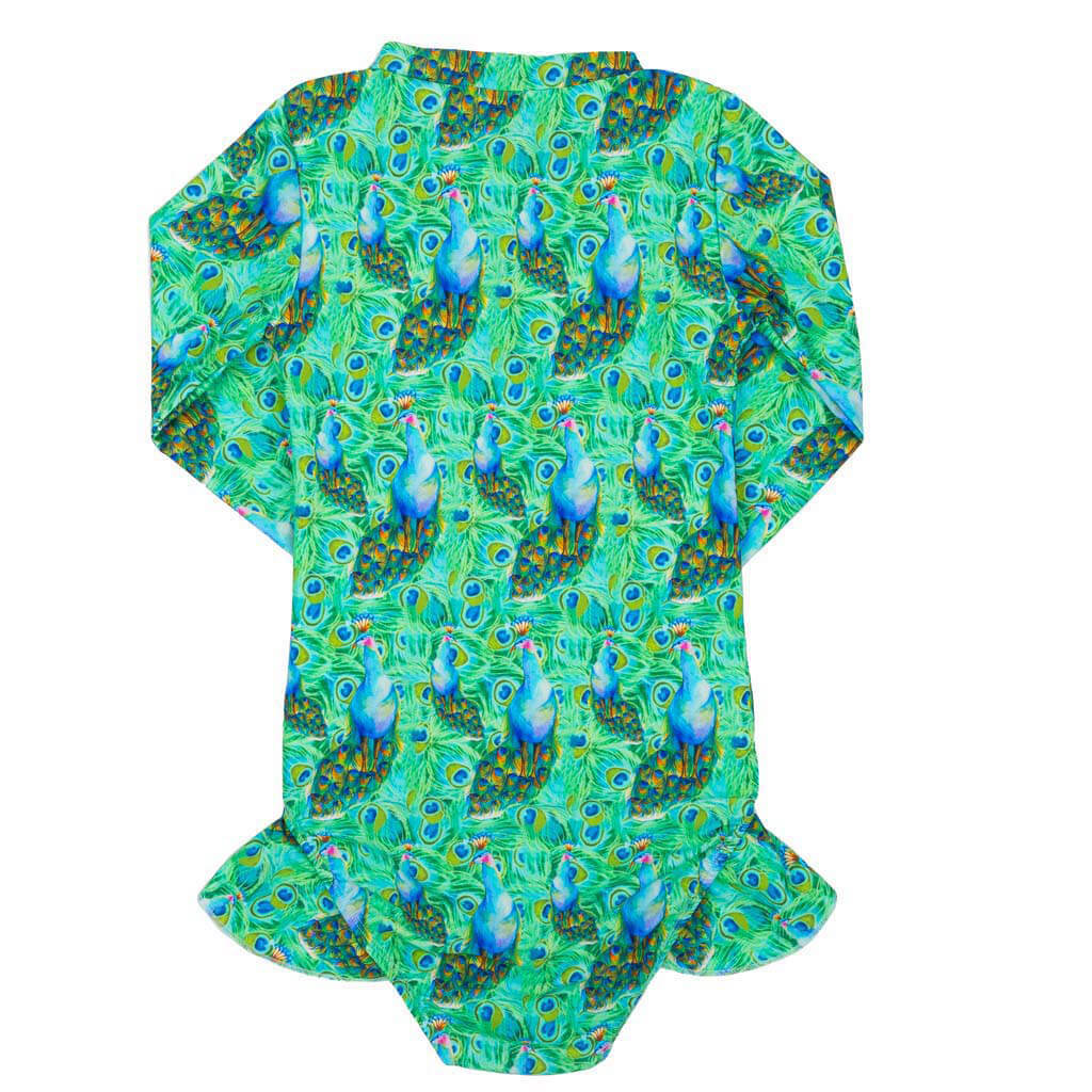 Green Peacocks Girls Long Sleeve Zip Swimmers Back Product