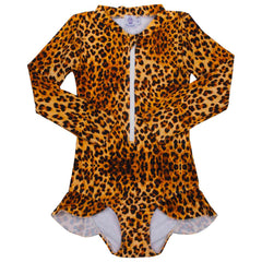 Leopard Print Long Sleeve Girls Zip Swimmers Front Product