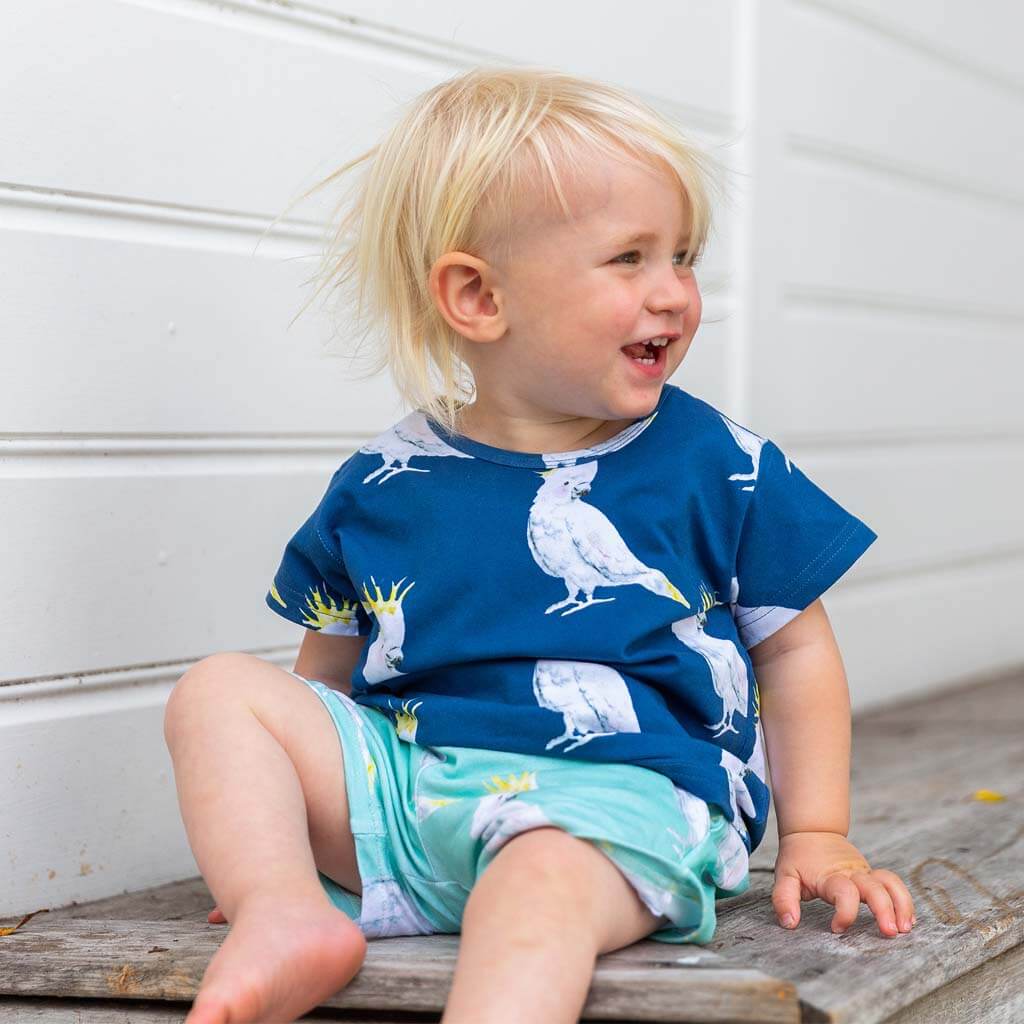 Cheerful Boy Wearing Navy Cockatoo Short Sleeve Tee