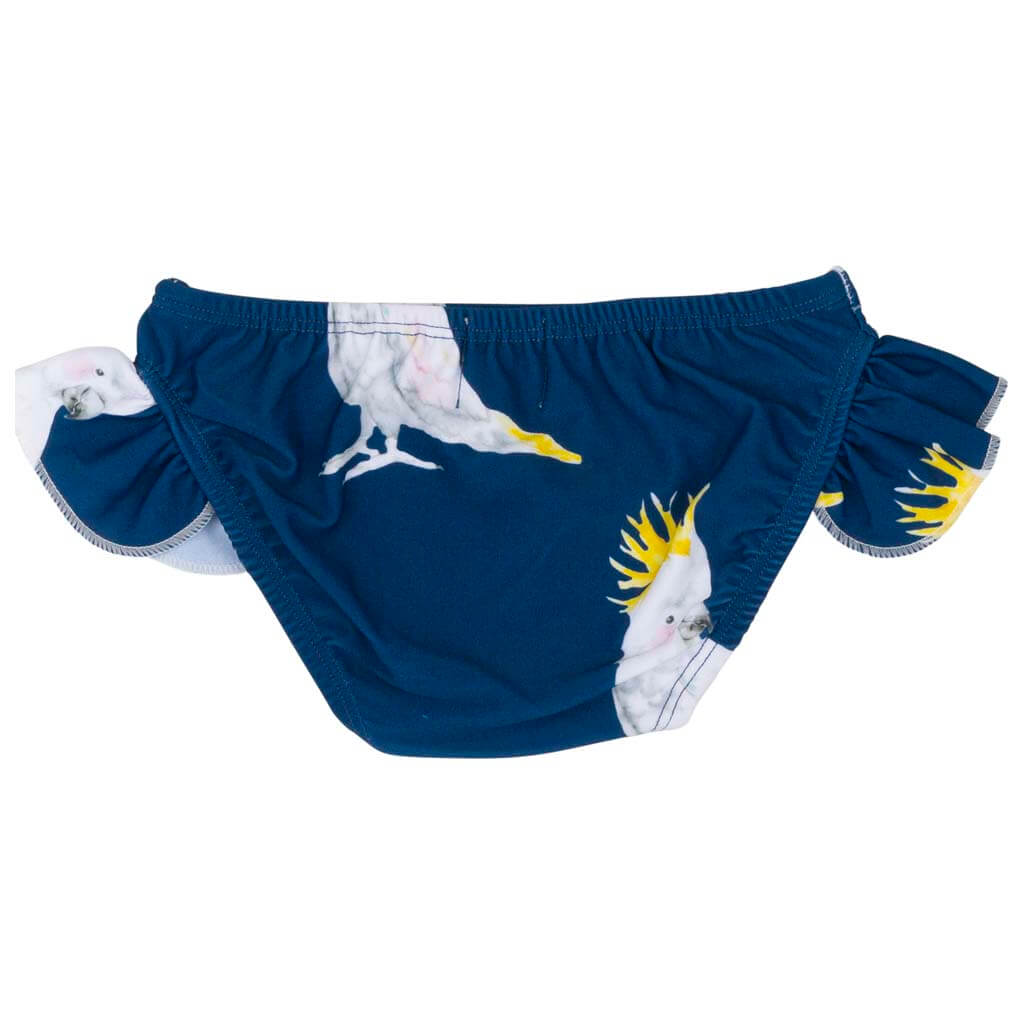 Navy Cockatoo Frill Swim Bottoms Back Product.