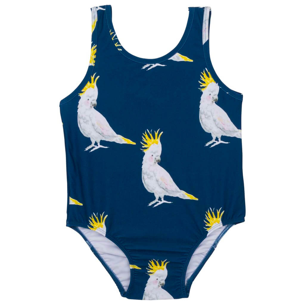 Navy Cockatoo Girls Sleeveless Swimsuit Front Product