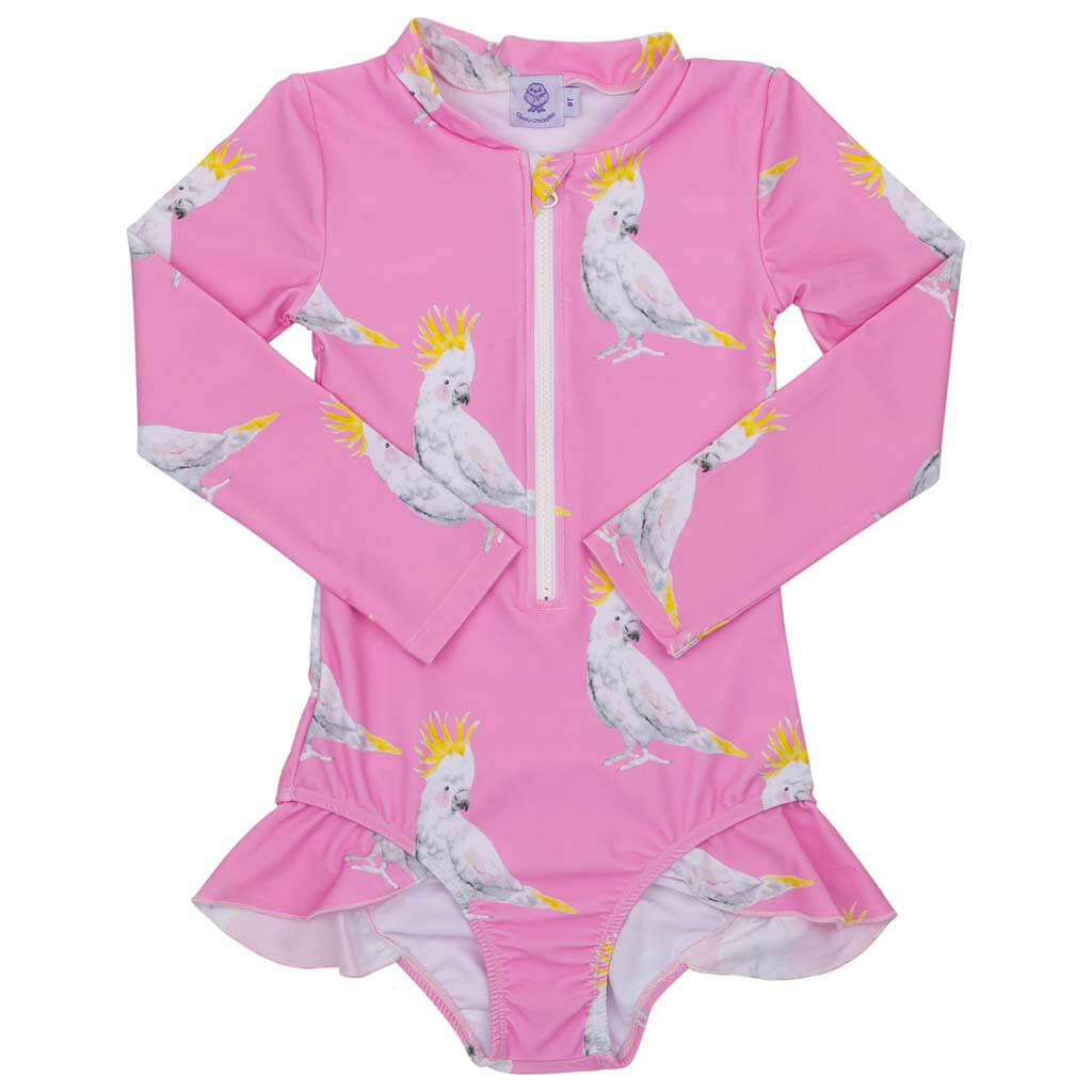 Pink Cockatoo Long Sleeve Girls Zip Swimmers Front Product