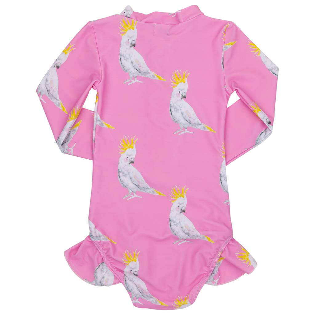 Pink Cockatoo Long Sleeve Girls Zip Swimmers Back Product