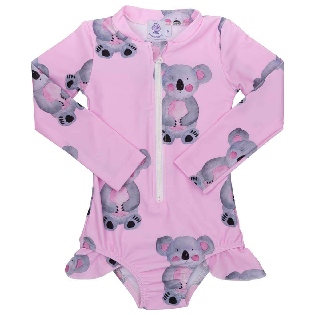 Pink Koala Girls Long Sleeve Zip Swimmers Front Product