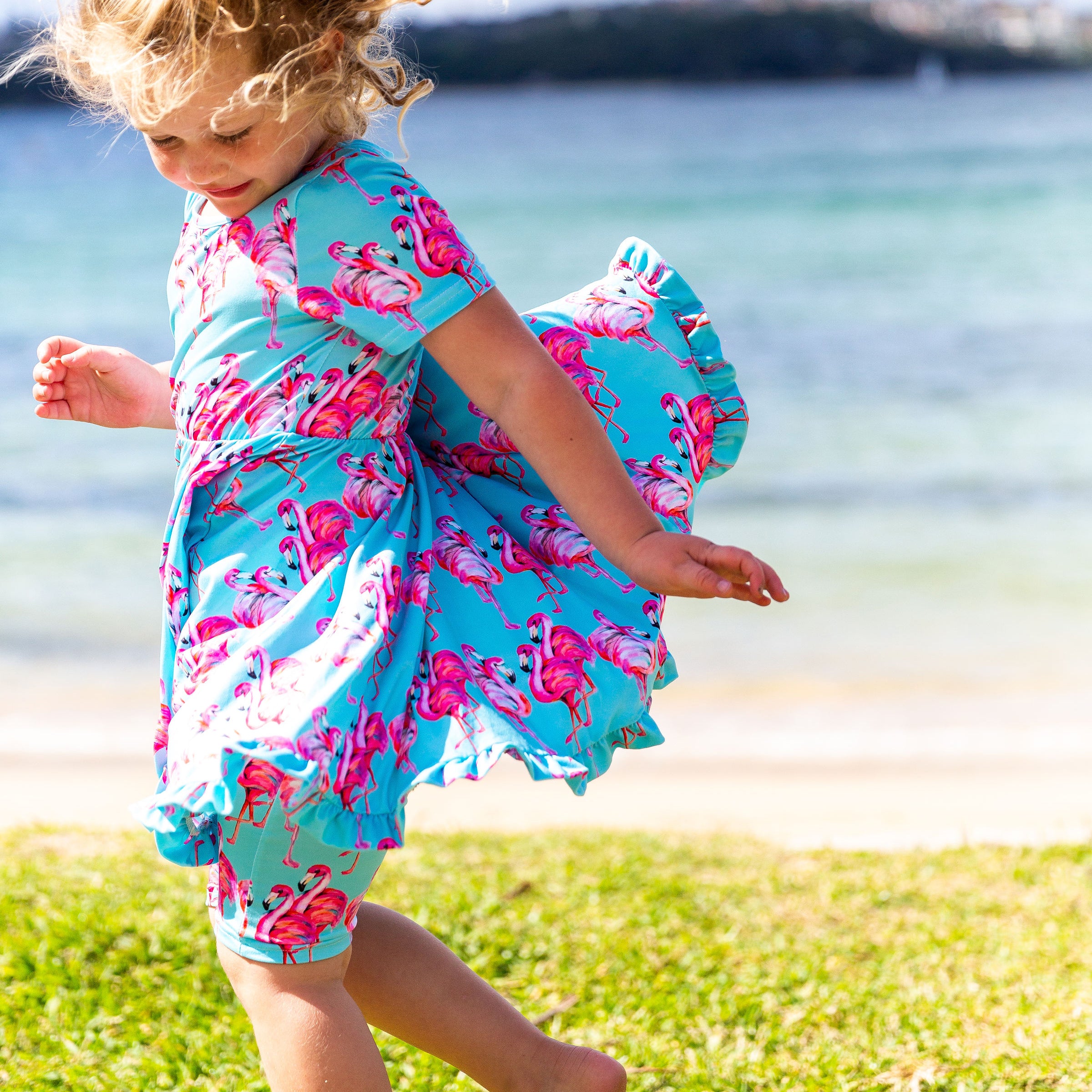 Aqua Flamingos Short Sleeve Twirl Dress - Cheeky Chickadee Store