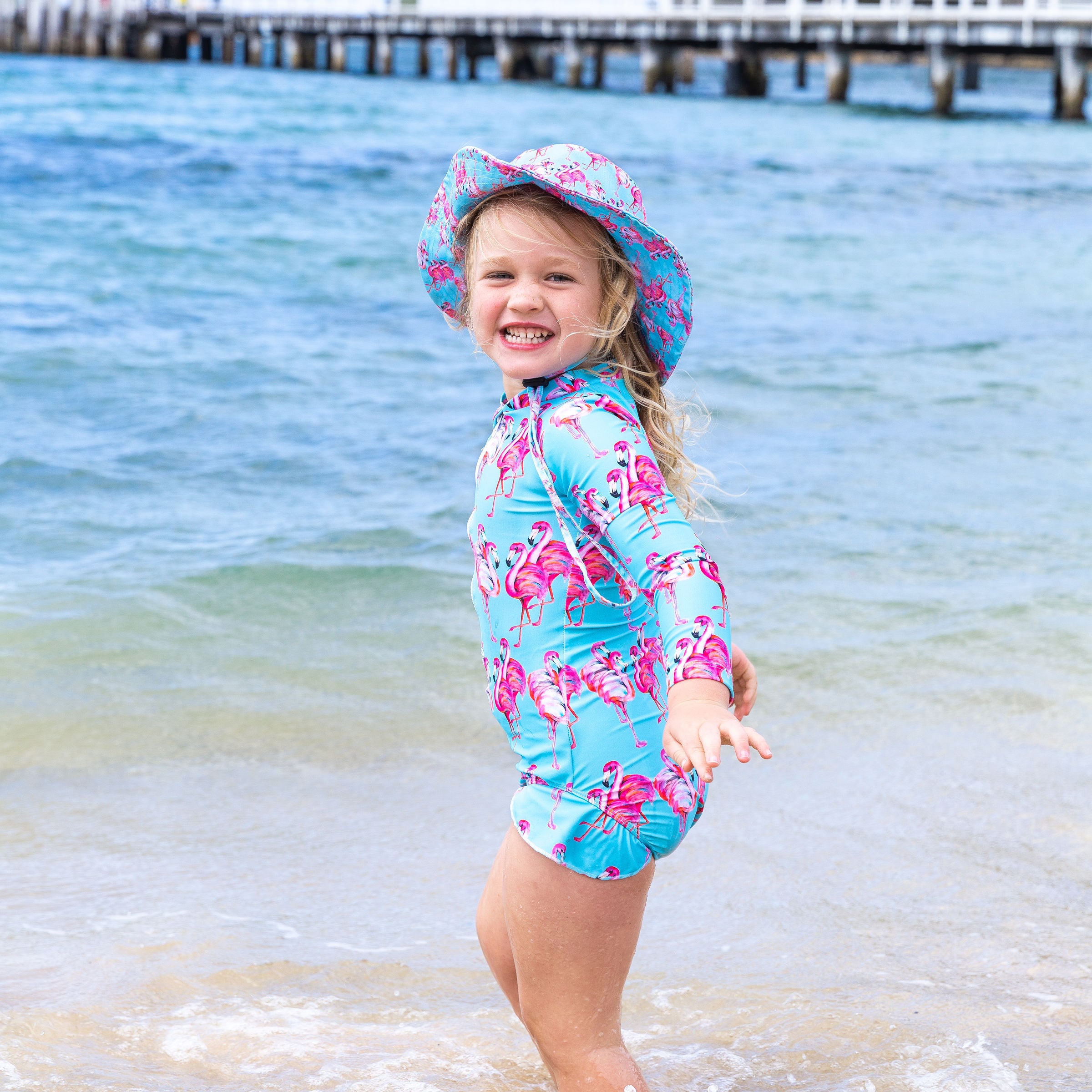 Aqua Flamingos Girls Long Sleeve Zip Swimmers - Cheeky Chickadee Store
