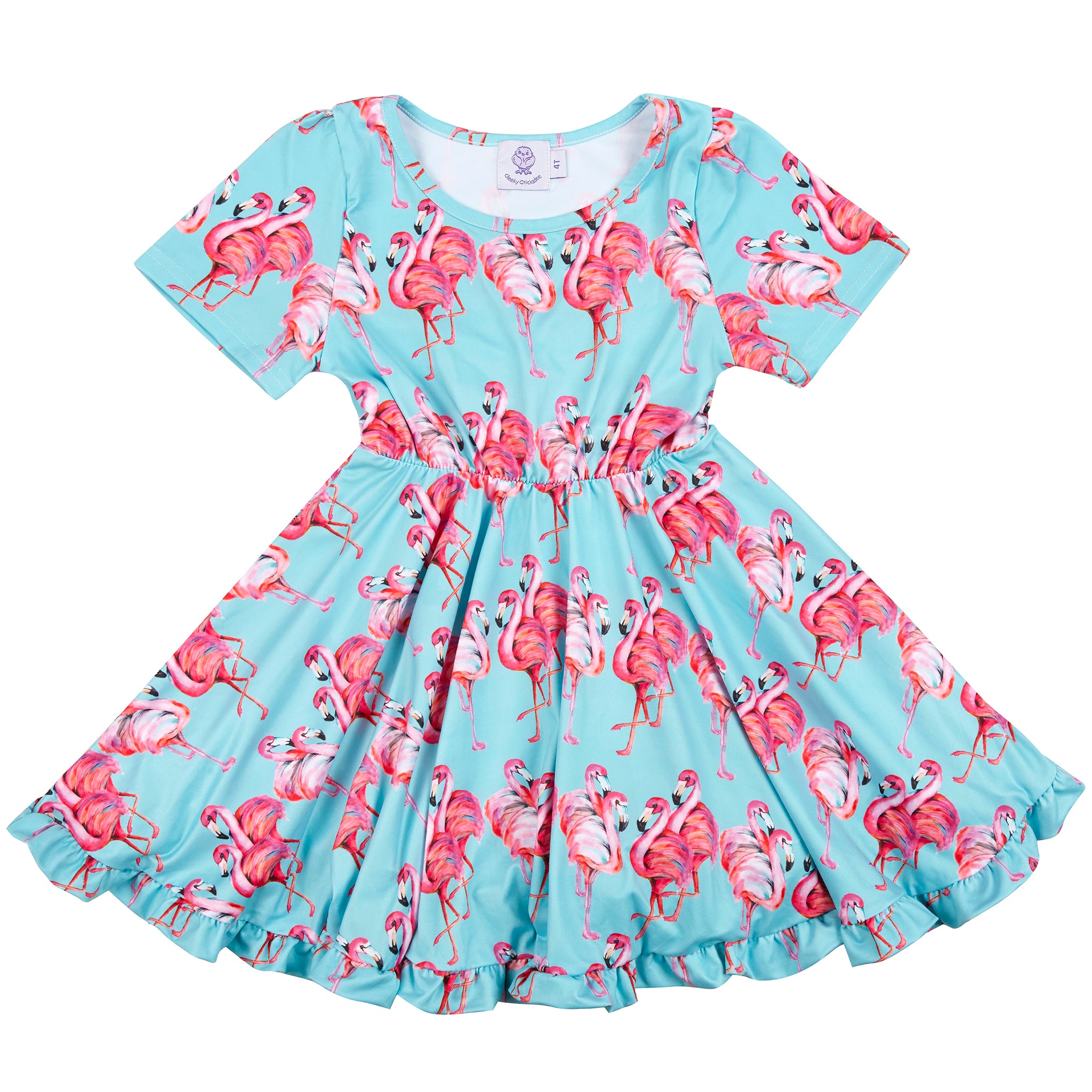 Aqua Flamingos Short Sleeve Twirl Dress - Cheeky Chickadee Store