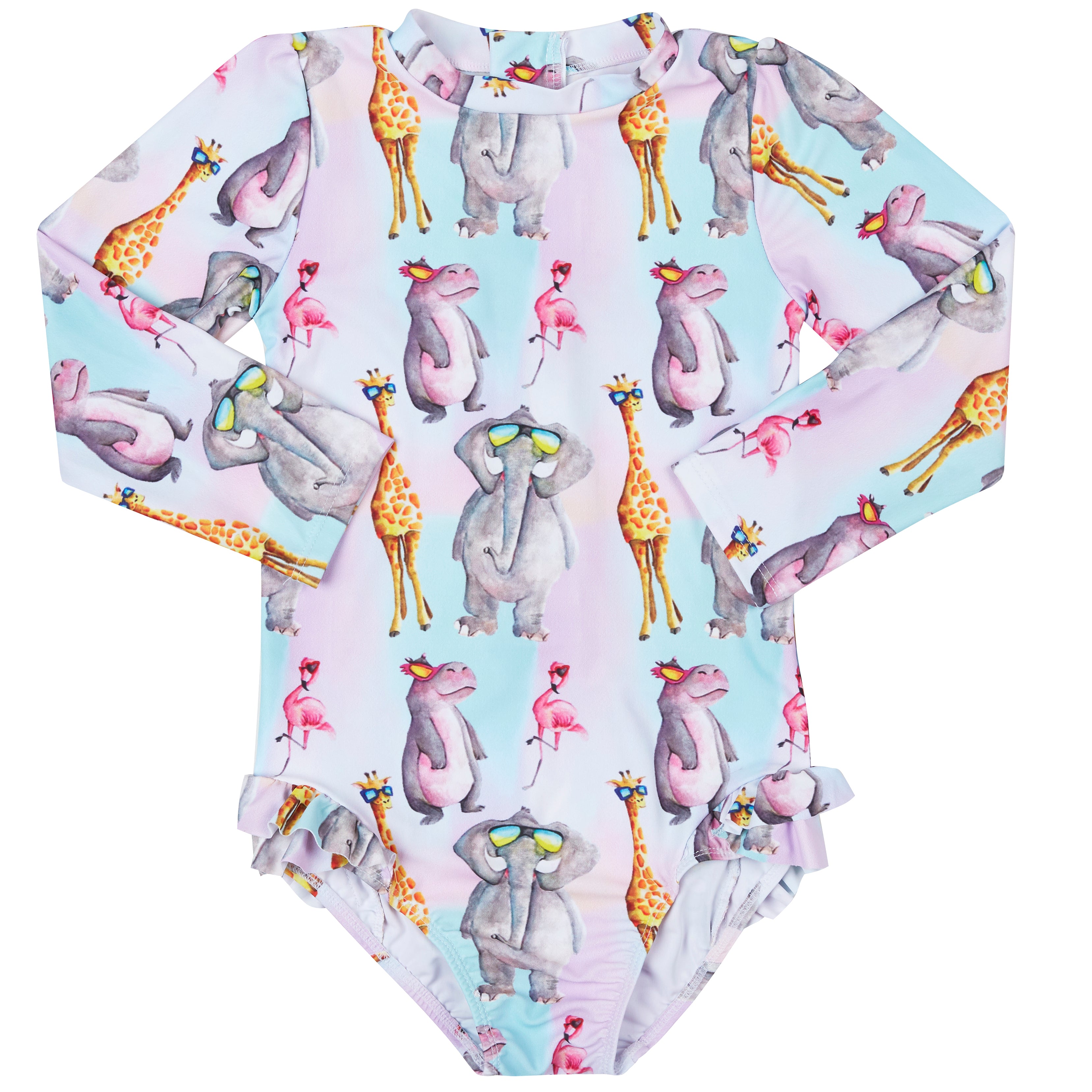 Safari Animals Girls Long Sleeve Back Zip Swimsuit - Cheeky Chickadee Store